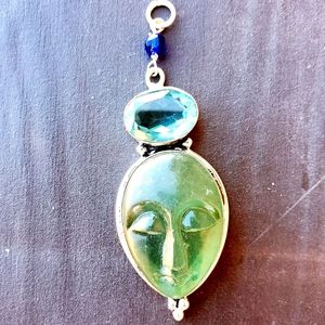 New Carved Goddess Face Blue Quartz Silver Pendant.